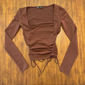 ZARA LONG SLEEVE SQUARE NECKLINE RUCHED TOP